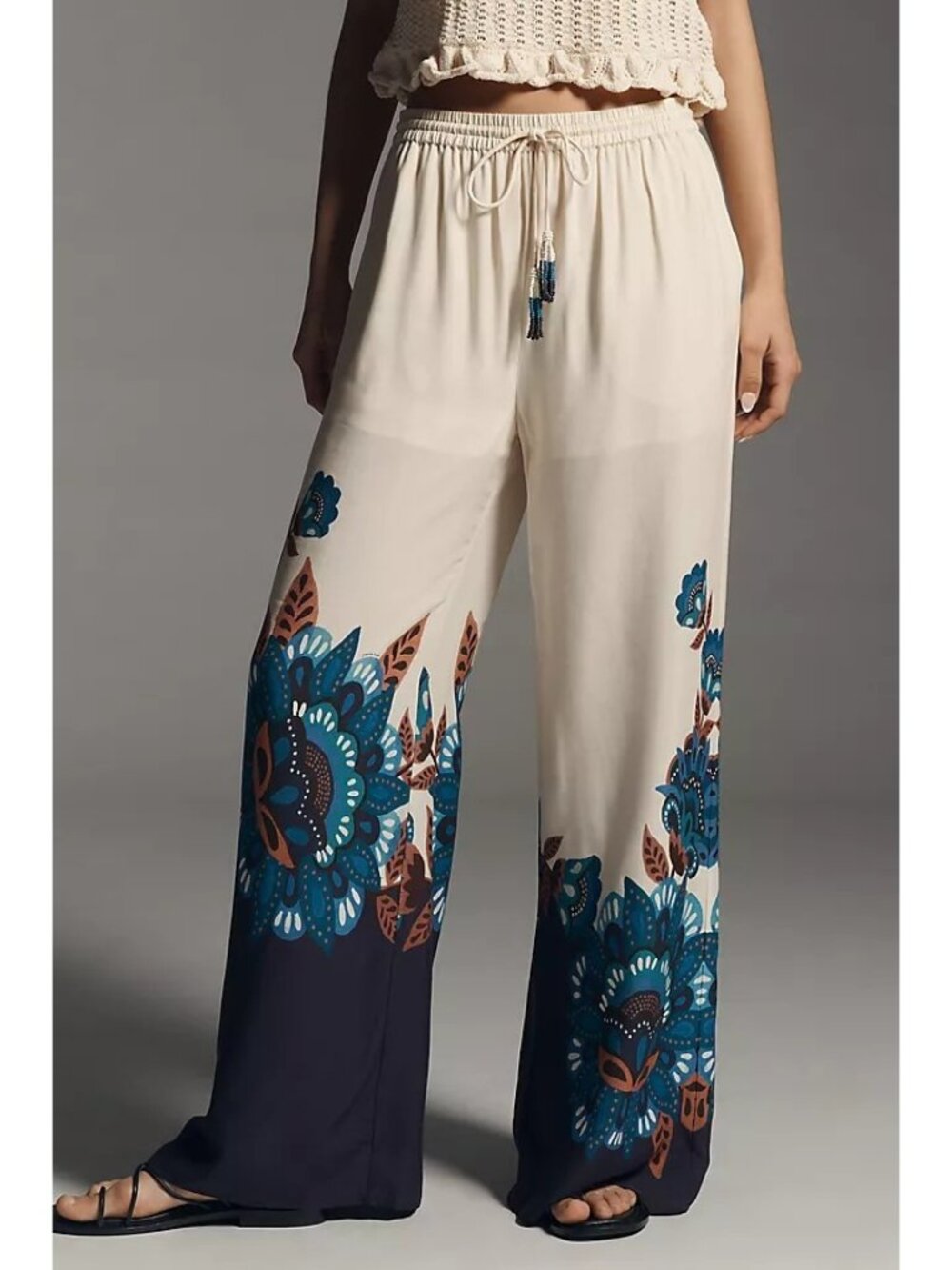 Farm Rio Floral Wide-Leg Pants Cream & Navy